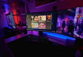 A vibrant gaming setup with a glowing monitor displaying the jueganexo app directory.